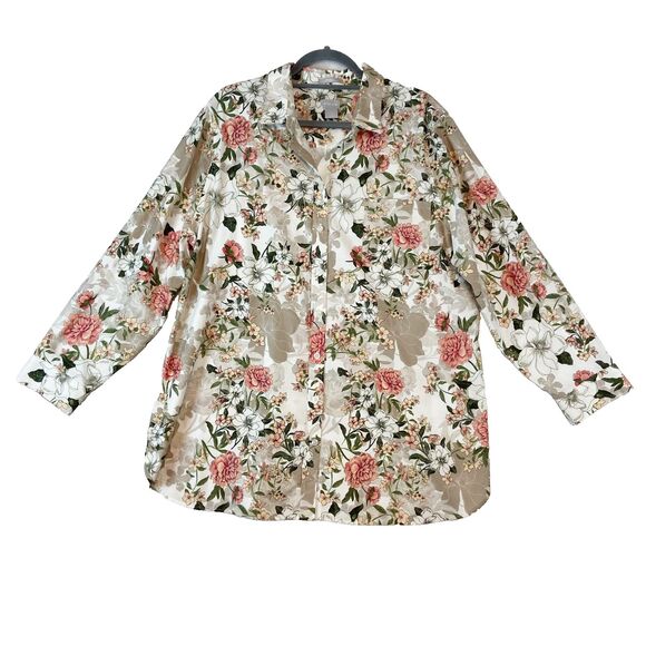 Chicos Top Women 4 (20) Multicolor Button Up Collared Floral Non-Iron Stretch - Picture 1 of 5